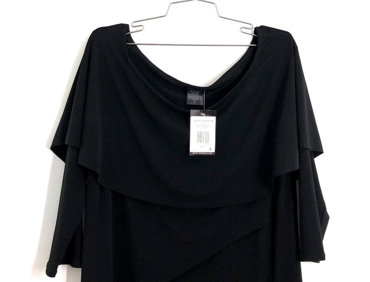 Eva Varro Women's Black Cascade Dress 3/4 Sleeve Wide Bateau Neck NWT Sz L