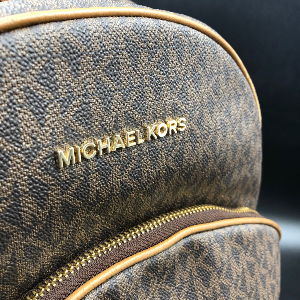 Michael Kors Brown Signature Print Pacey Backpack Gold Hardware COA