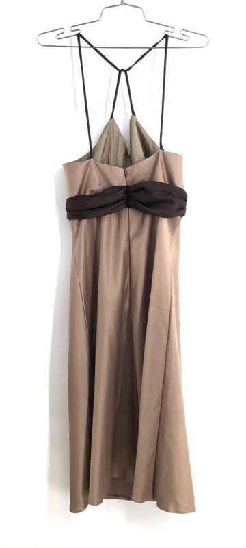 Siri Women's Yolanda 2 Dress Cafe Brown Halter Neck Satin Sash Midi Sz M