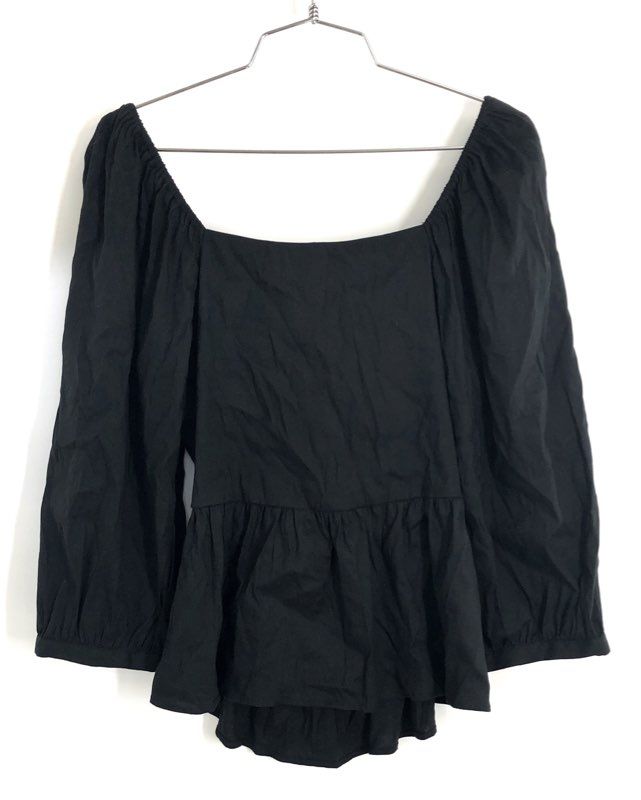 Fifteen Twenty Women's Black Linen Blend Tie Back Top Puff Sleeve Open Back XS