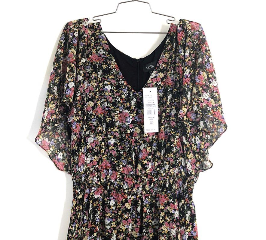 MSK Women's Black Floral V-Neck Flutter Sleeve Hi-Low Dress XL NWT