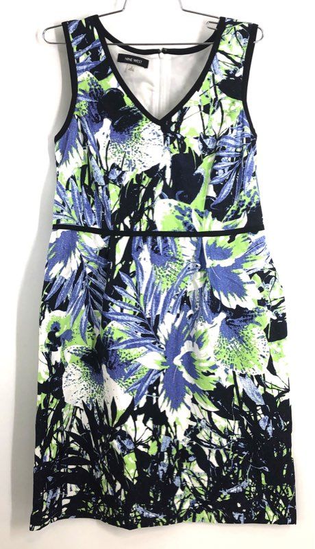 Nine West Women's Sleeveless V-Neck Sheath Dress Multicolor Floral Tropical Sz 8