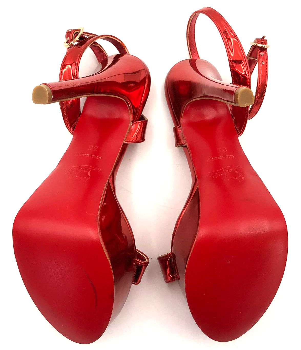 Christian Louboutin Inspired Women's Metallic Ruby Red Strappy Heels - Size 35