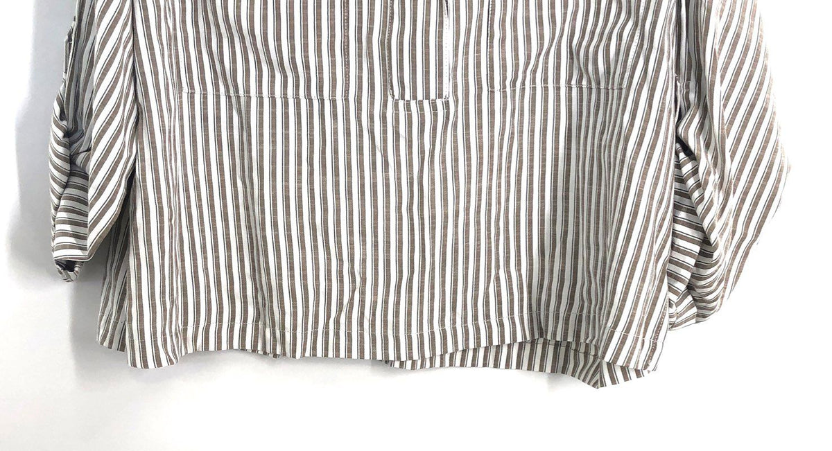 Max Studio London Women's Beige White Striped Roll Tab Popover Blouse NWT Sz L