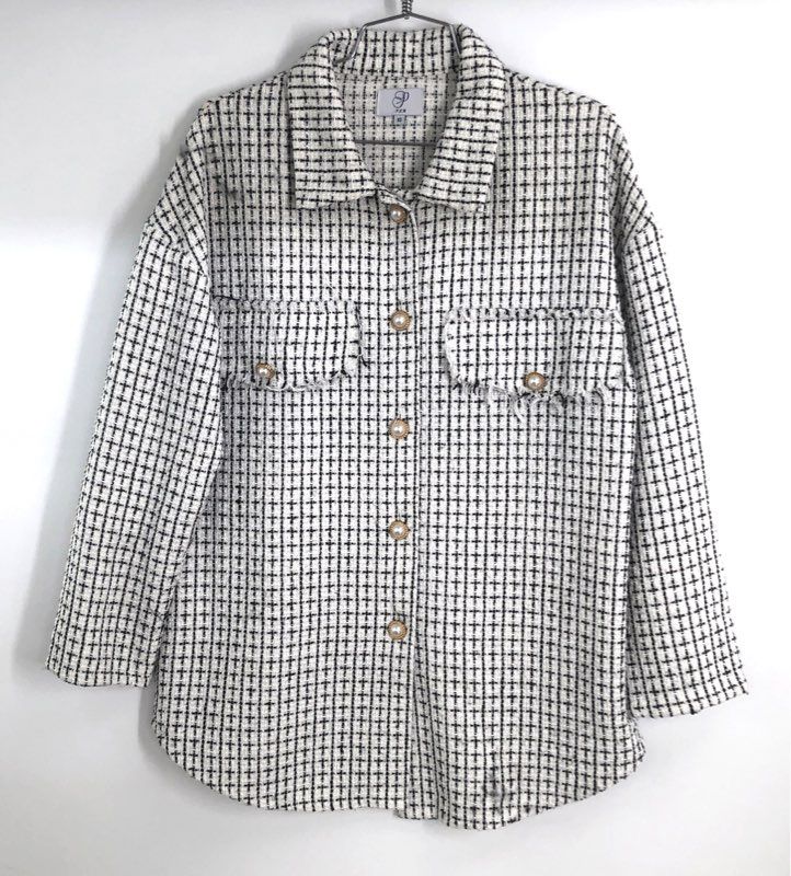 P PLM Women's White Black Tweed Grid Pearl Buttons Fringed Shacket Jacket Sz XS