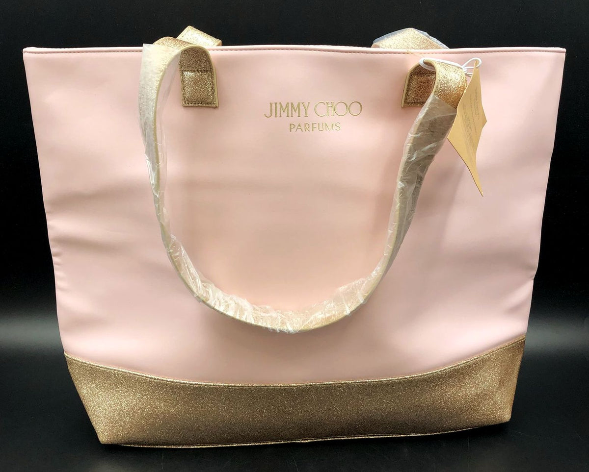 Jimmy Choo Parfums Large Pink/Metallic Glitter Gold Designer Faux Leather Tote
