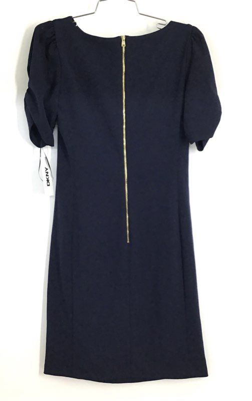 DKNY Women's Navy Blue Ruched Sheath Dress Short Puff Sleeve Gold Zip Sz 4 NWT