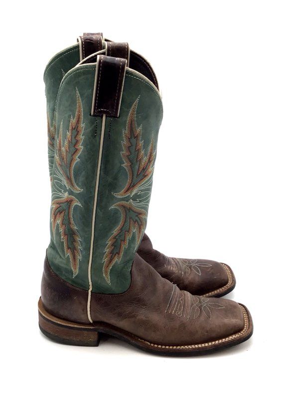Justin BRL335 Bent Rail Chocolate Blue Cowhide Western Boots Size 7.5B