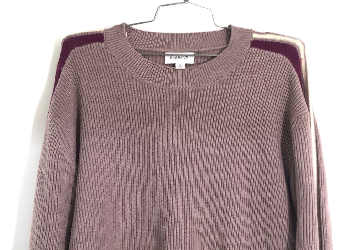 Evereve Women's Mauve Ribbed Pullover Crew Sweater Stripe Shoulder Sz XS