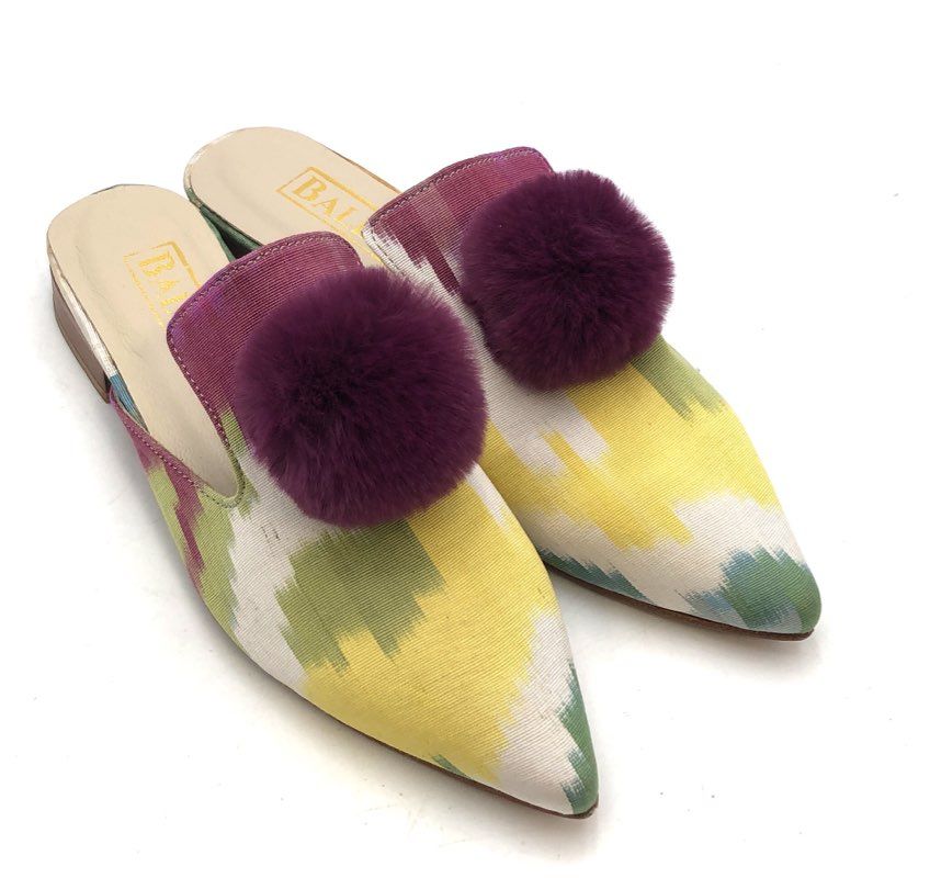 Baldiz Amelia Slide Multicolor Ikat Plum Pom Pom Silk Mules Flats Size EU 36