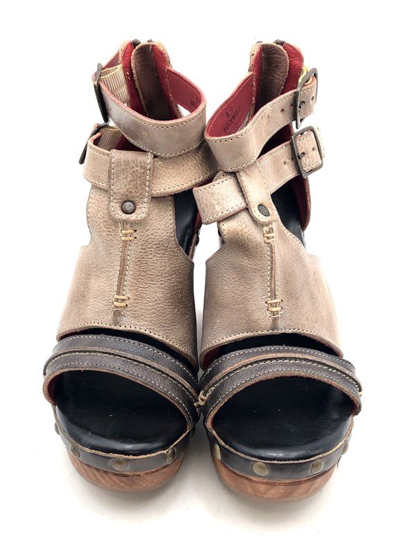 Bed Stu Tan Brown Leather Studded Multi-Strap Wedge Sandals Size 6.5