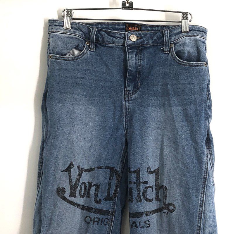 Von Dutch Kids Blue Originals Graphic Panel Wide Leg Jeans Sz 16