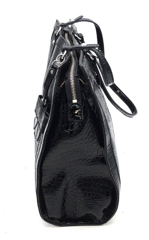 Vintage Guess Black Croc Embossed Patent Faux Leather Tote Shoulder Bag Y2K