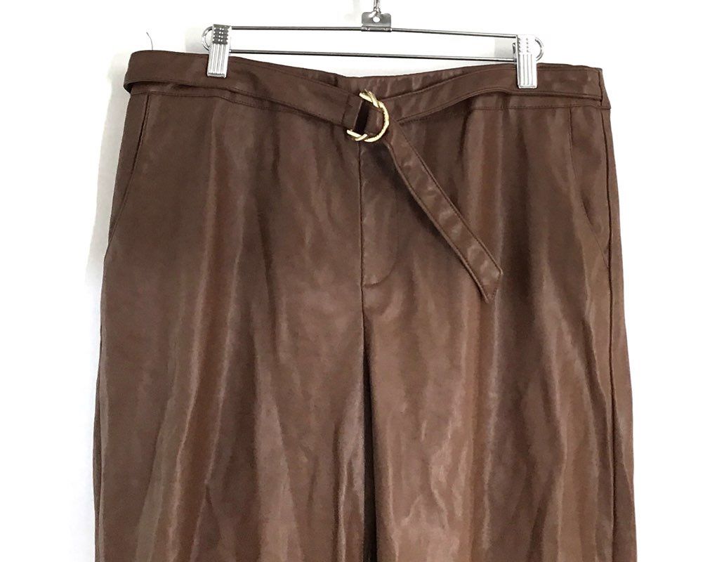 Marc New York Women's Brown Faux Leather Belted Straight Leg Pants Sz 14