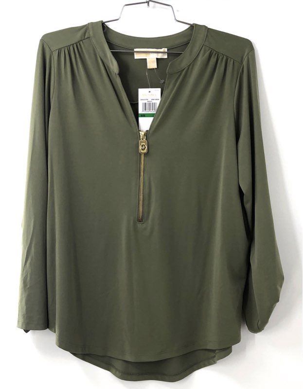 Michael Kors Women's Army Green Gold Zip Front Tunic Blouse Long Sleeve Sz L NWT