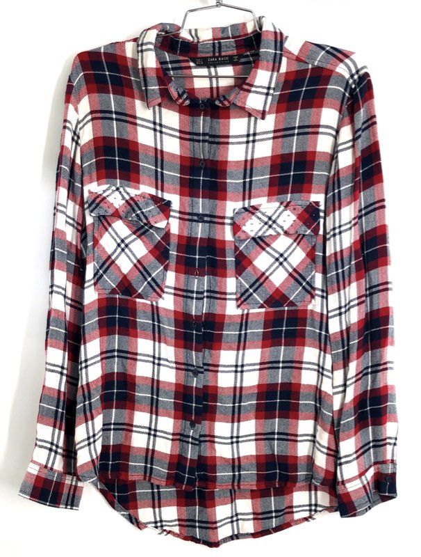 Zara Basic Women's Red Navy Blue Herringbone Plaid Flannel Shirt Studded Sz L