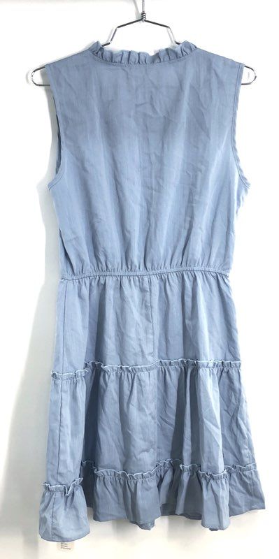 Women's Light Blue Sleeveless Ruffle V-Neck Tie Front Tiered Mini Dress Sz S