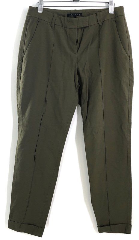 Theory Women's Olive Green Pintuck Tapered Cuffed Cotton Blend Pants Sz 6