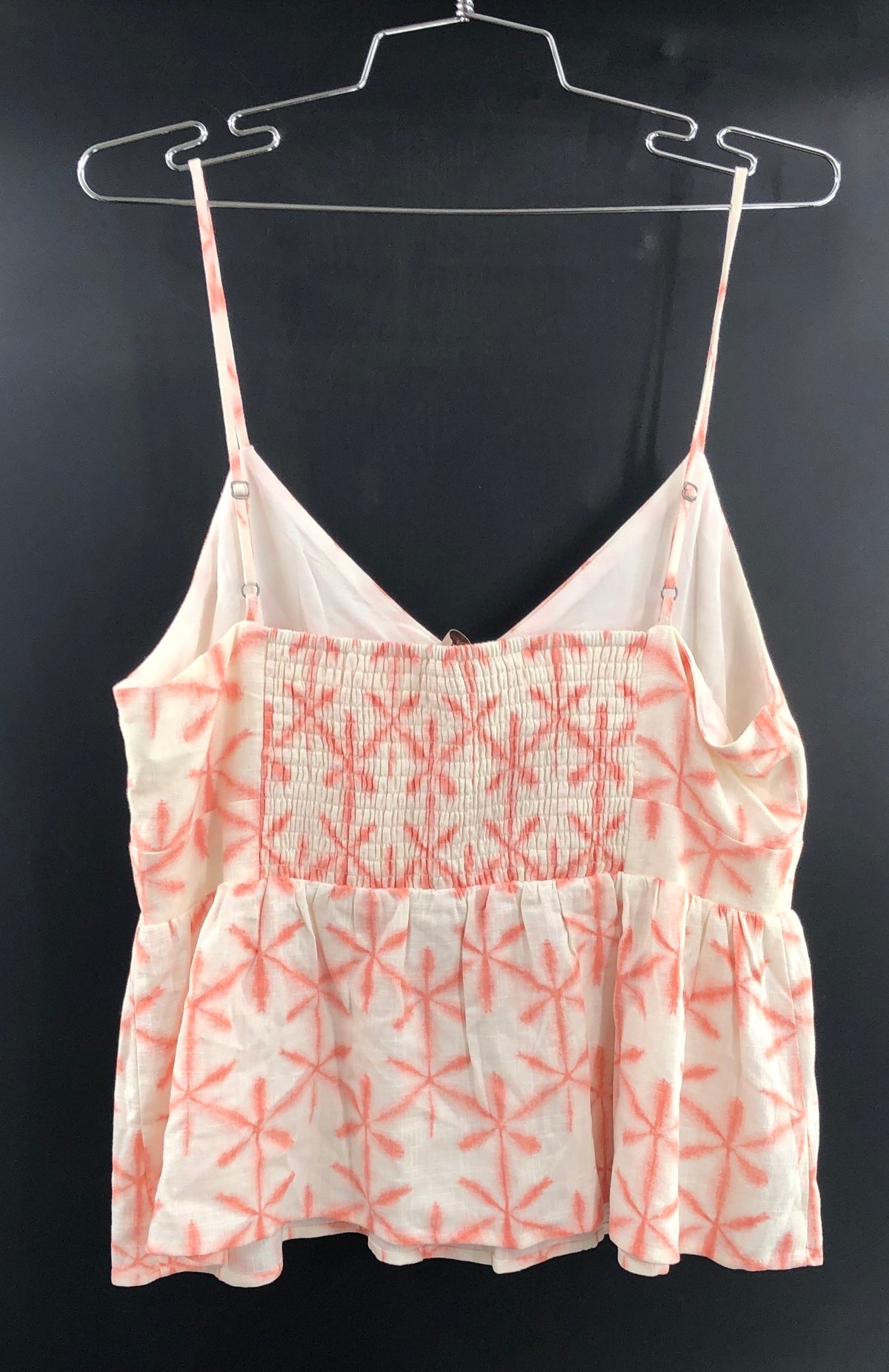 LOFT Women's White Pink Starburst Cami Top Smocked Peplum Linen Rayon NWT Sz M