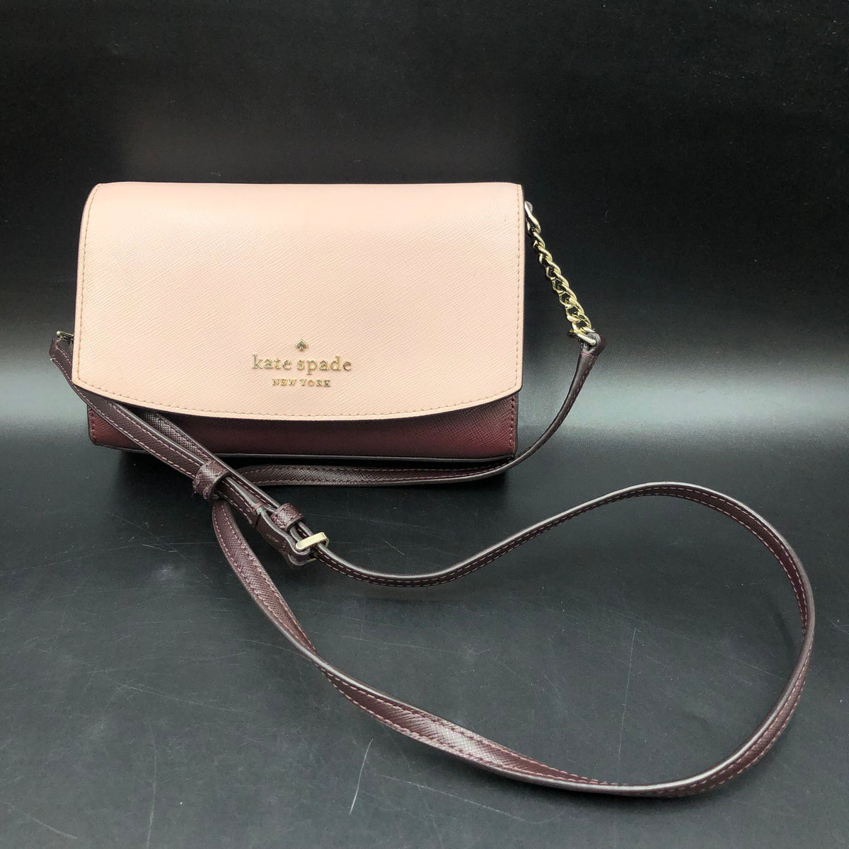 Kate Spade Pale Pink Burgundy Leather Flip Crossbody Bag Gold Hardware COA
