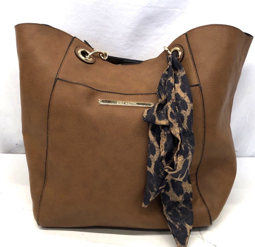 Steve Madden Light Brown Faux Leather Tote Bag Leopard Scarf Gold Chain Handles