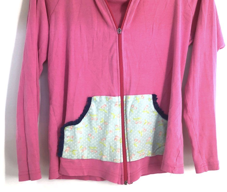 Matilda Jane Women's Pink Full Zip Hoodie Cherry Pattern Ruffle Pocket Sz M/L