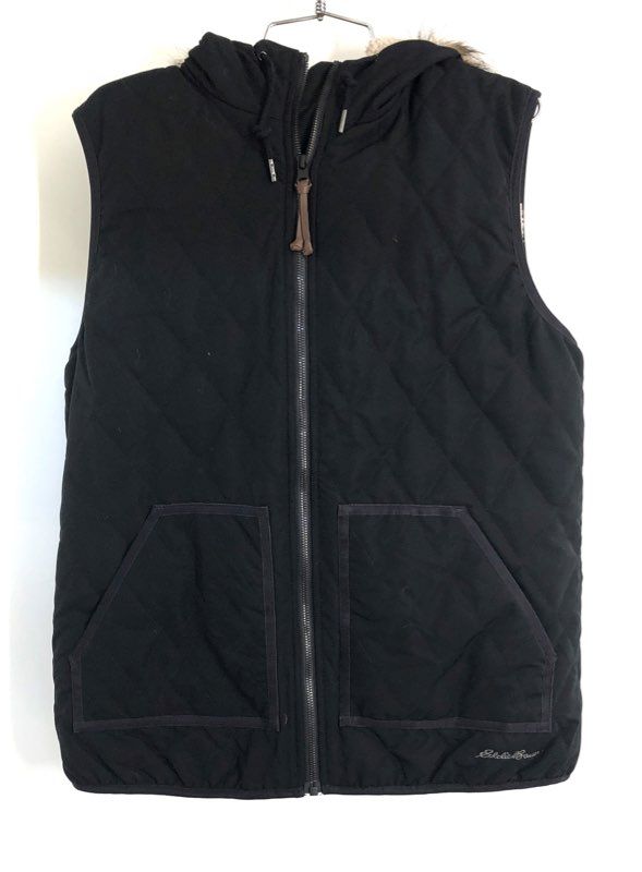 Eddie Bauer Women's Black Snowfurry Quilted Hooded Faux Fur Vest Sz L