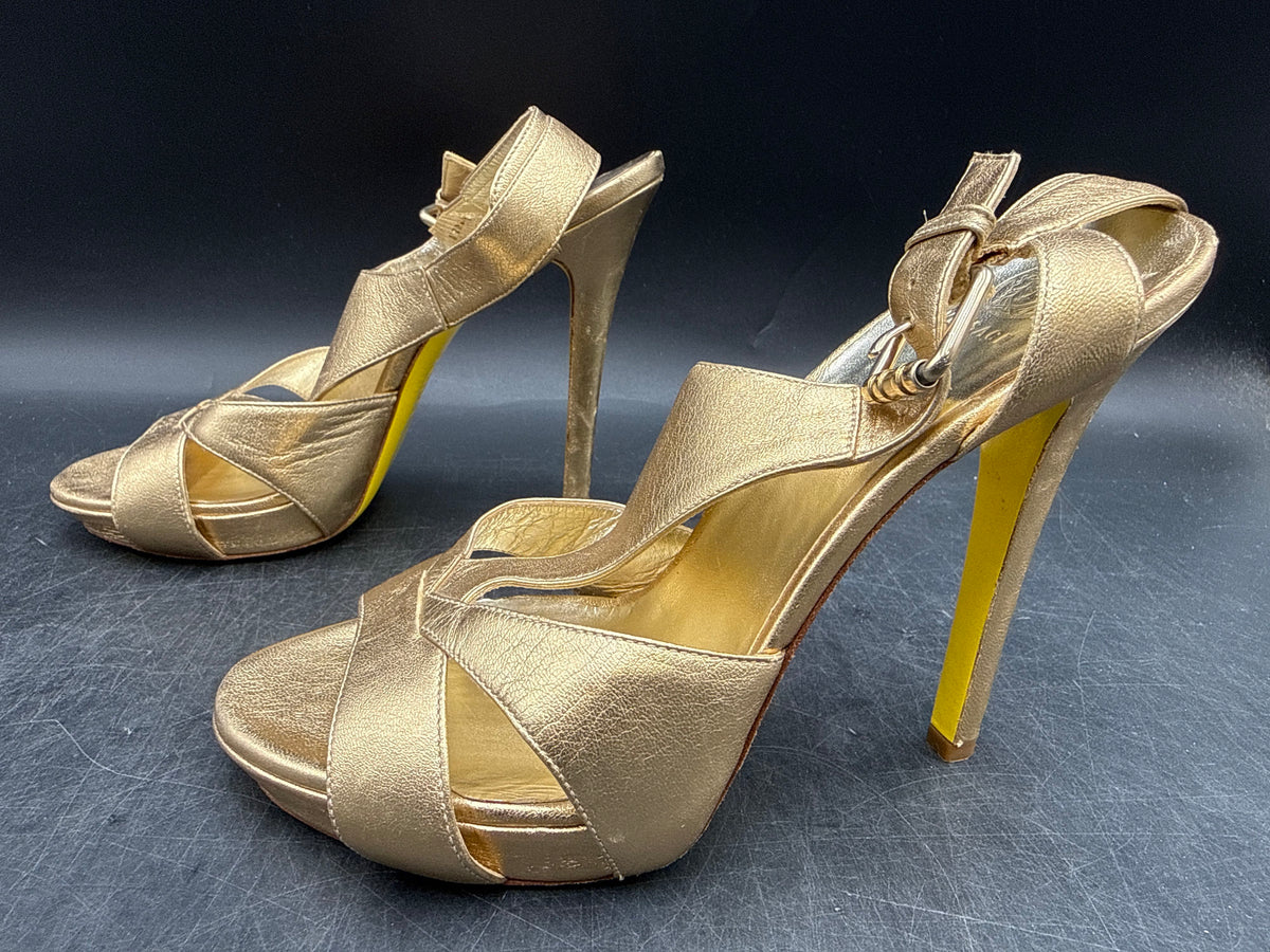 Versace Gold Leather Strappy Platform High Heel Sandals COA Size 38