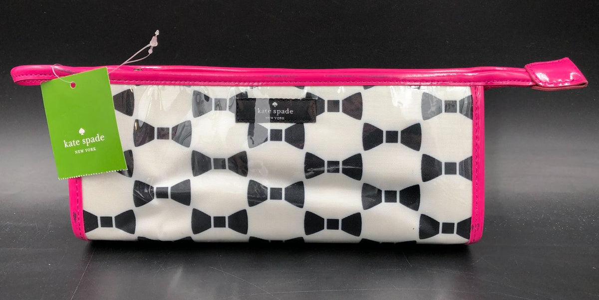 Kate Spade Heddy White/Black Bow Print Cosmetics Pouch w/ Pink Trim &amp; Tag (+COA)