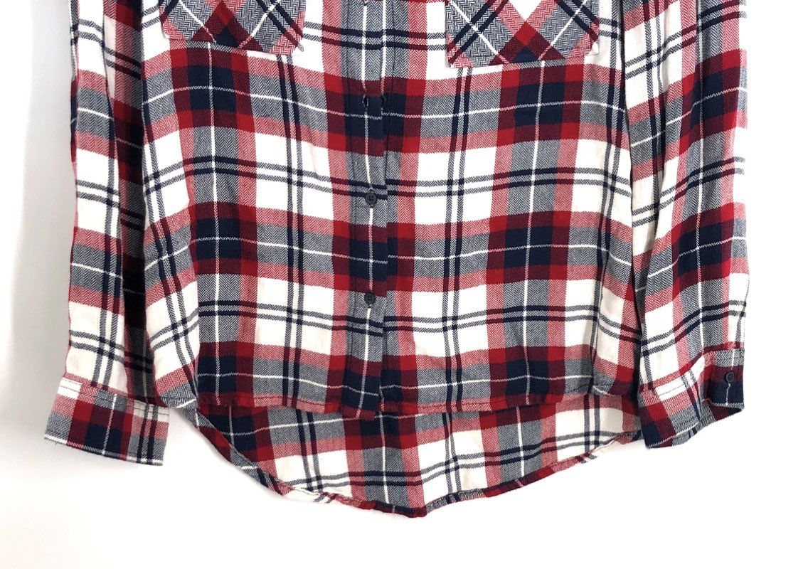 Zara Basic Women's Red Navy Blue Herringbone Plaid Flannel Shirt Studded Sz L