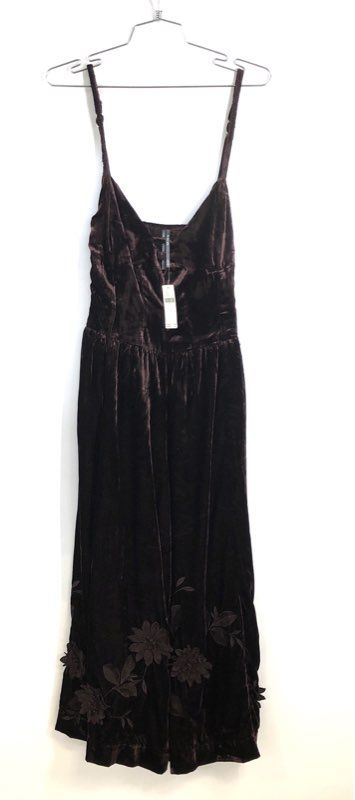 Anthropologie Women's Brown Velvet Floral Applique Wide Leg Jumpsuit NWT Sz 2