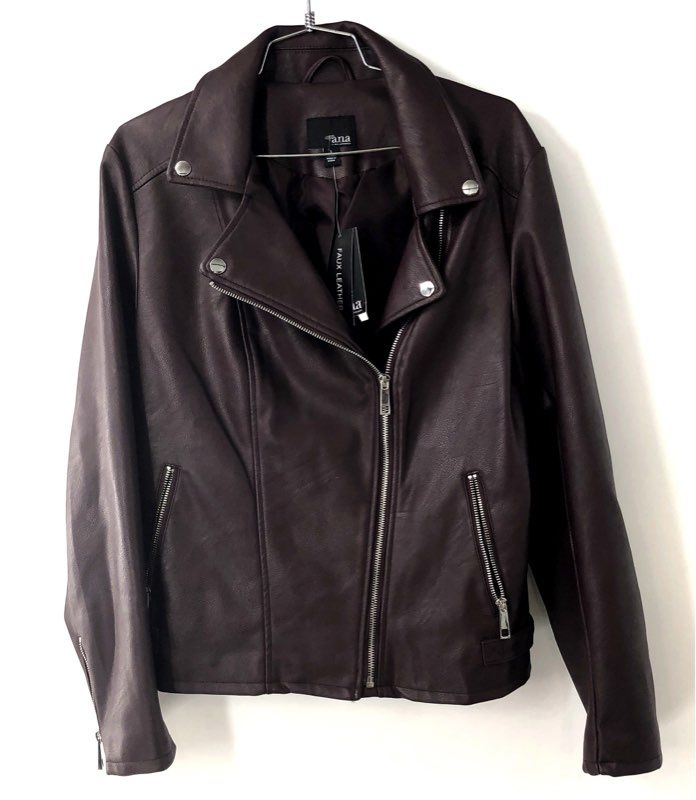 ana Women's NWT Faux Leather Moto Biker Jacket Midnight Burgundy Size L