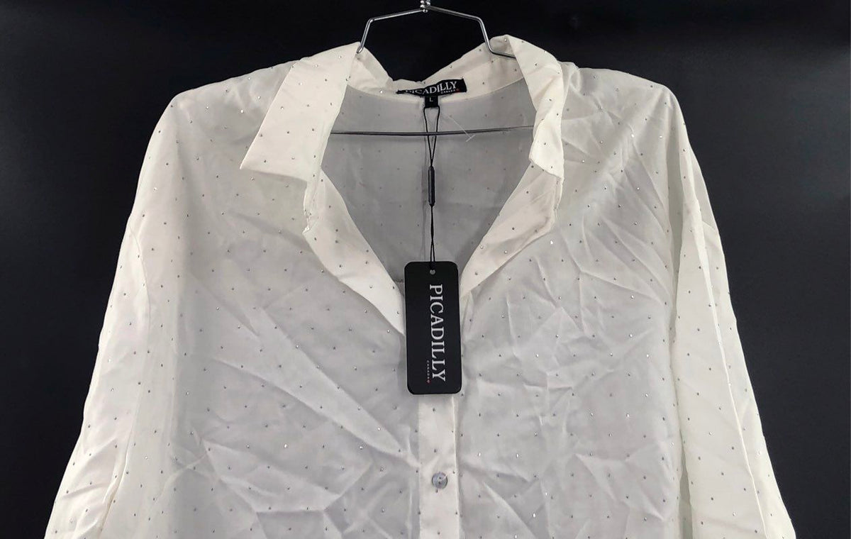 Picadilly Women's White Studded Lyocell Embellished Button Down Shirt NWT Sz L