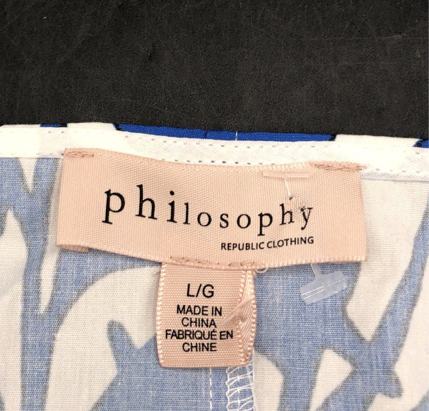 Philosophy Women's Blue White Leaf Print Button Front Cotton Midi Dress Sz L NWT