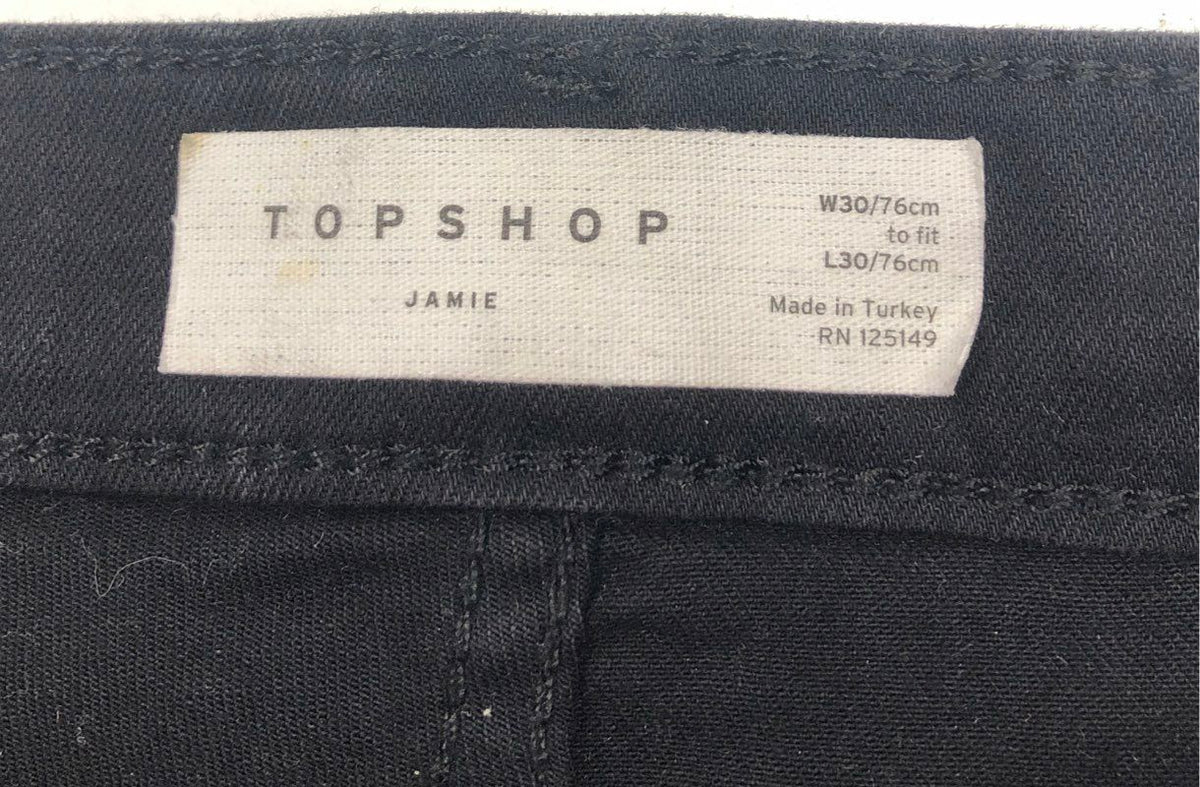Topshop Women's Jamie High Rise Skinny Jeans Black Ripped Knee Size W30 L30