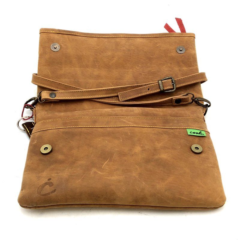 Cooks Tan Brown Leather Hurricane Series Foldover Clutch Crossbody Bag NWT