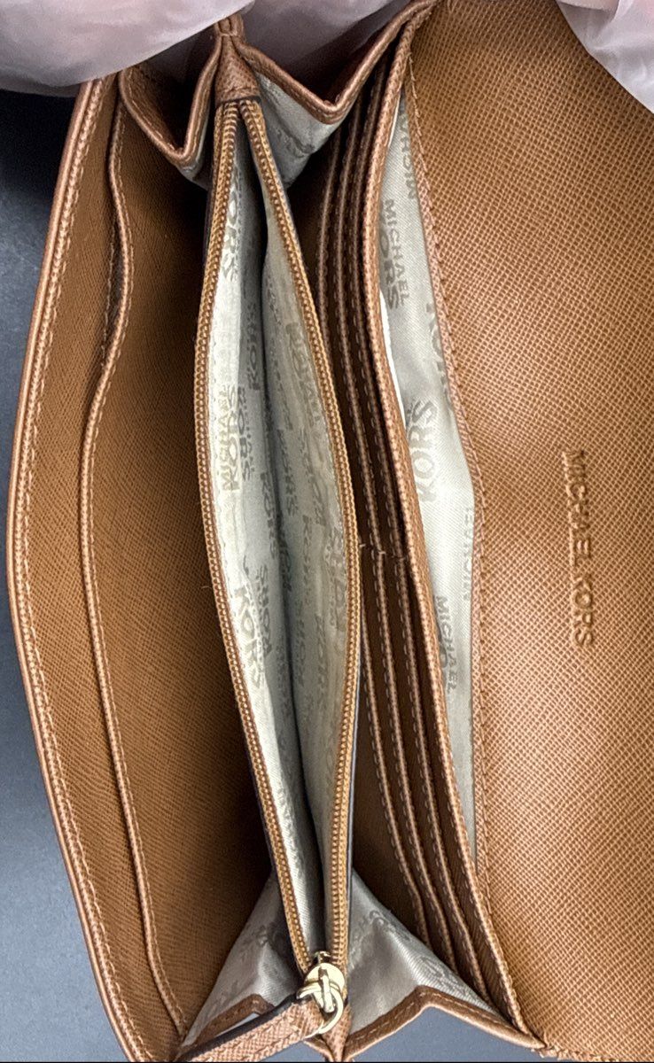 Michael Kors Tan Pebbled Leather MK Circle Logo Flap Continental Wallet Gold