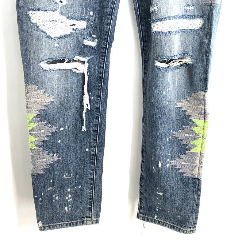 MM Vintage Women's Blue Distressed Boyfriend Embroidered Geometric Jeans 27 NWT