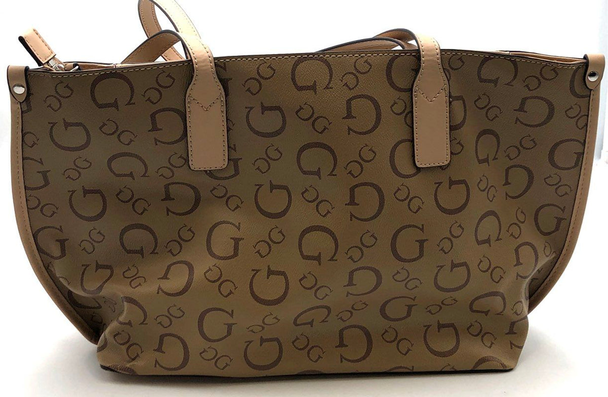 Guess Beige Brown Monogram G Logo Tote Bag Handbag with Matching Pouch Set