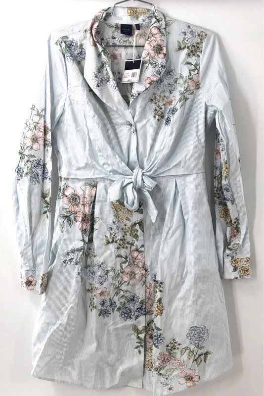 Kaari Blue Women's NWT Shirt Dress Blue White Floral Striped Tie Front Size S