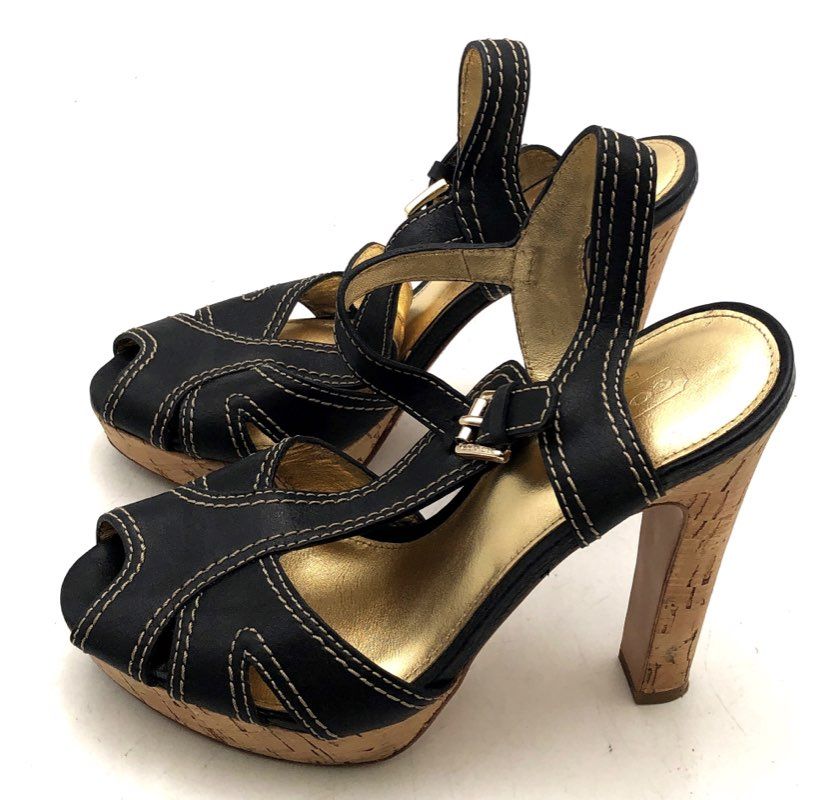 Coach Black Leather T-Strap Cork Platform Block Heels Women's Size 7B