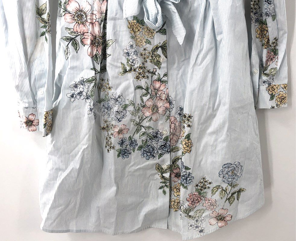 Kaari Blue Women's NWT Shirt Dress Blue White Floral Striped Tie Front Size S