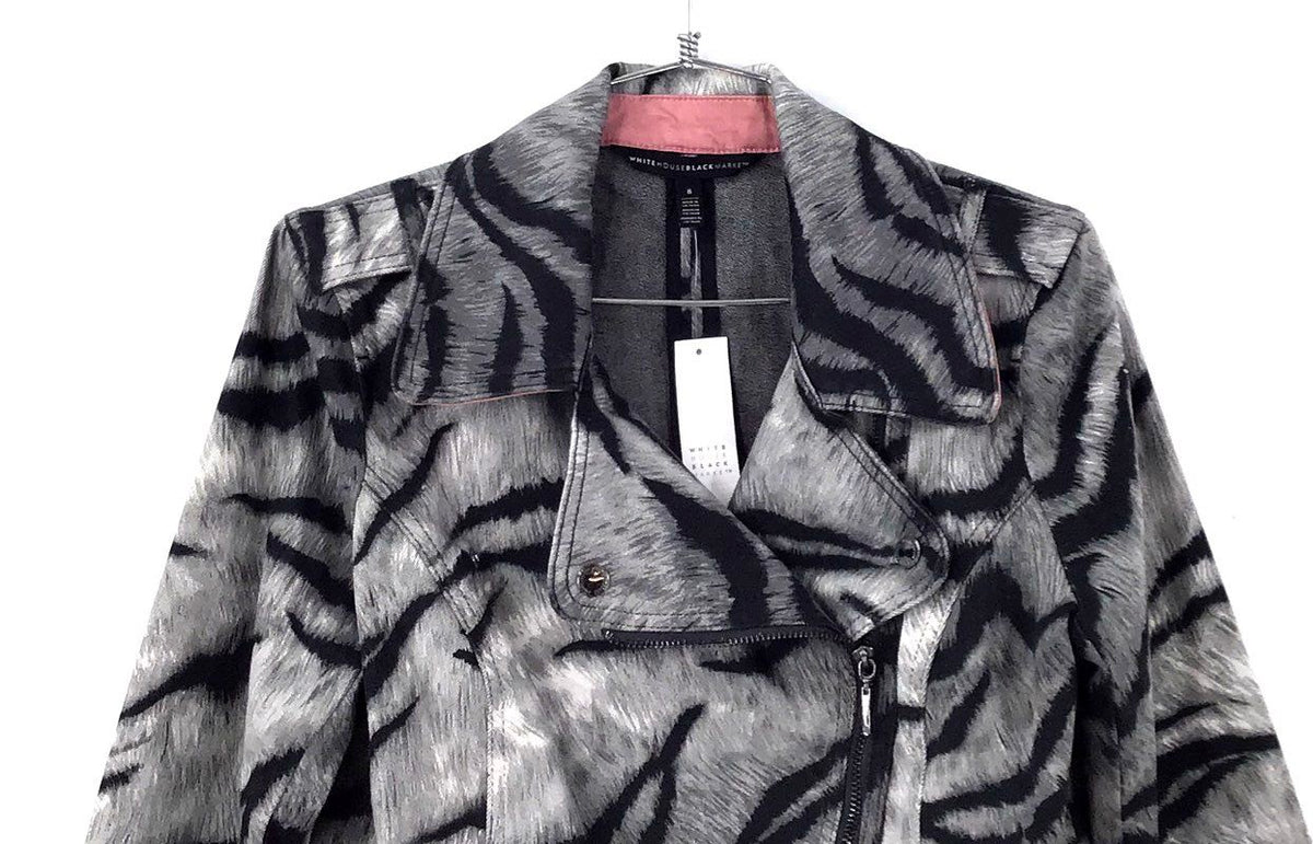 NWT White House Black Market Women's Black Gray Tiger Motorcycle Jacket - Size 8