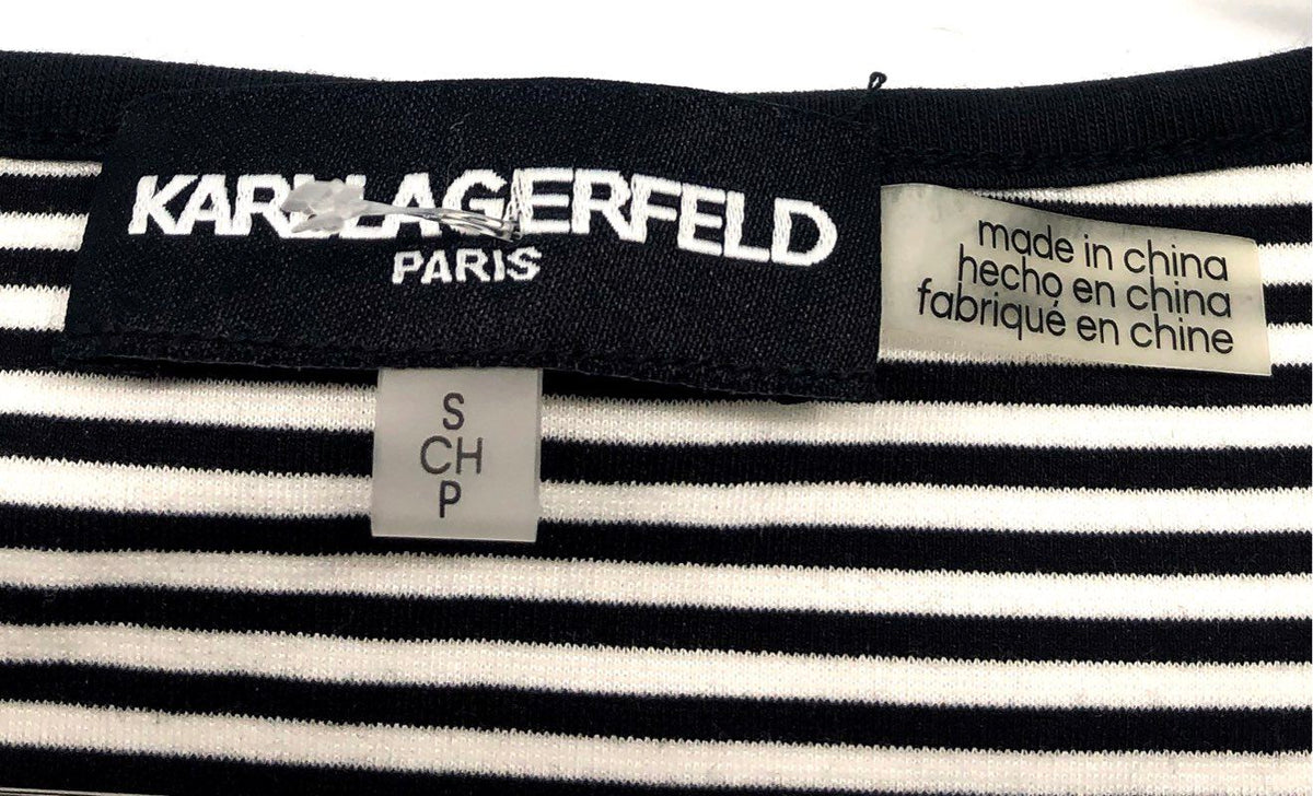 Karl Lagerfeld Paris Women's Black White Striped Pleated Hem Dress Size S NWT