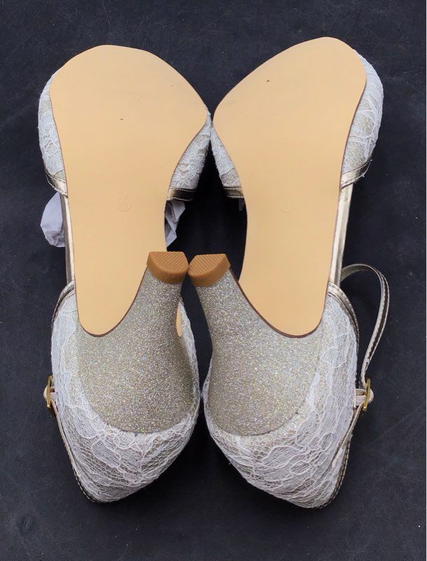 Jia Jia White Lace Gold Glitter Ankle Strap D'Orsay Kitten Heel Size EU 41