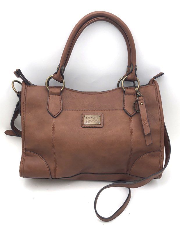 Frye and Co Brown Pebbled Satchel Handbag Crossbody Bag Antique Brass Hardware