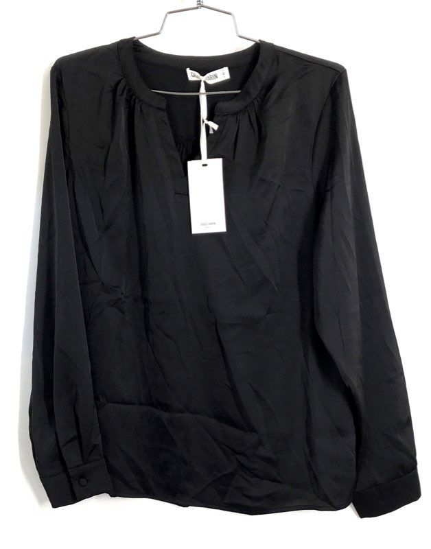 Grace Karin Women's Black Long Sleeve V-Neck Pleated Blouse Top NWT Sz M