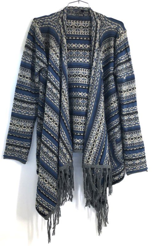 Elan Women's Blue Southwestern Tribal Open Front Fringe Cardigan Sweater Sz M
