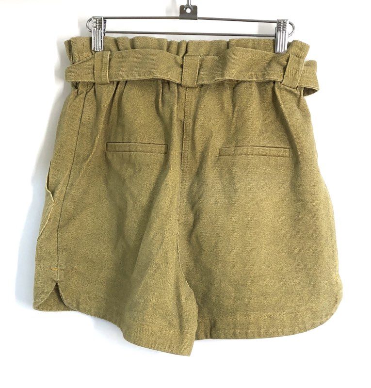 FRNCH Women's Paperbag Waist Belted Shorts Mustard Olive Cotton Twill Sz S