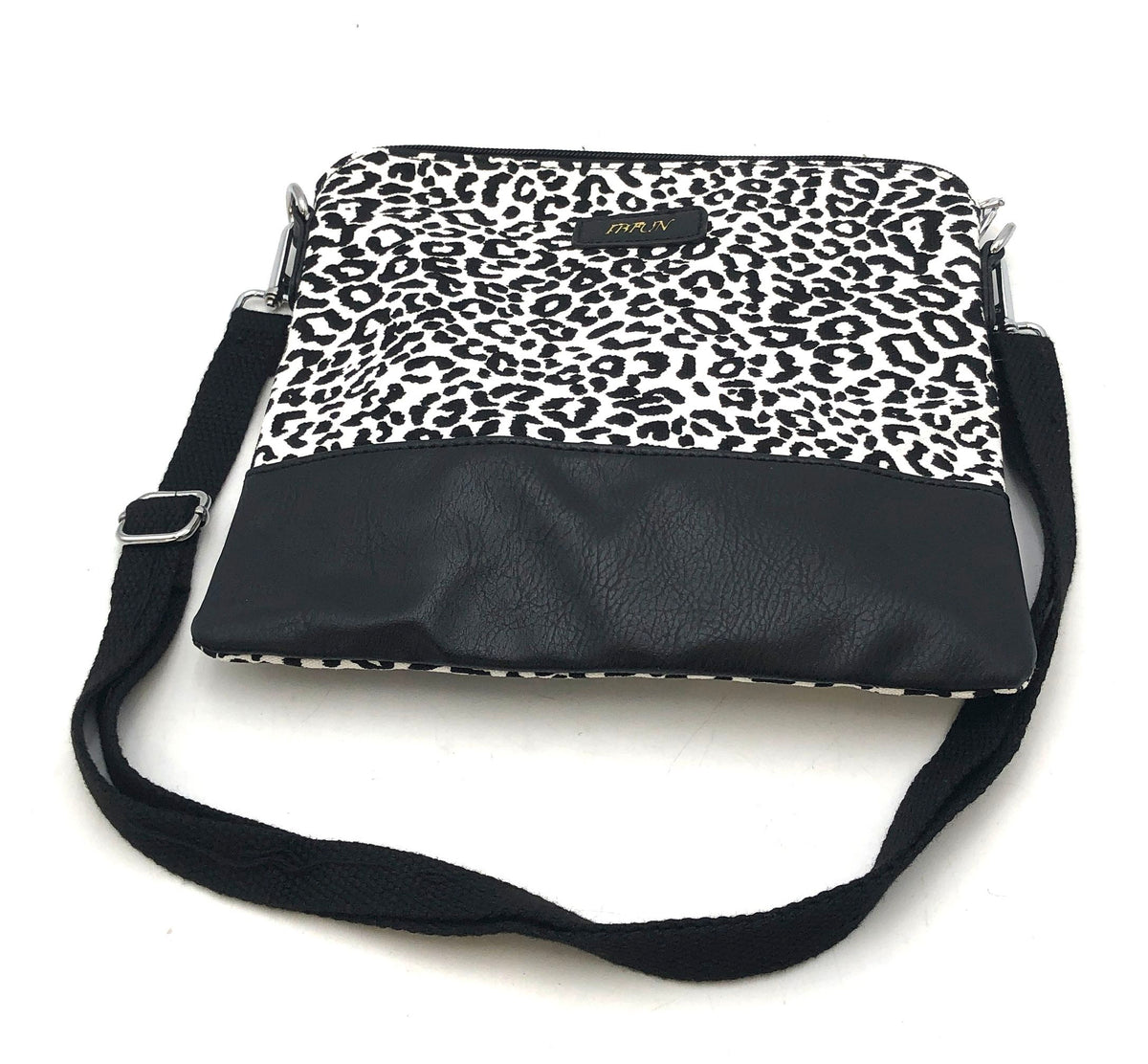 IBFUN Leopard Print Canvas Crossbody Bag Black White Silver Hardware